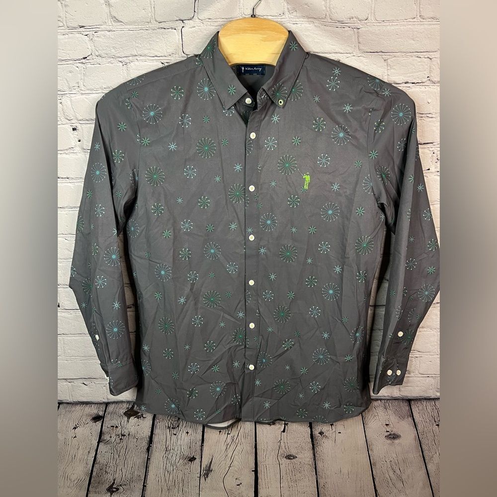 William Murray Men Large Grey All Over Print Performance Button Down Golf Shirt‎